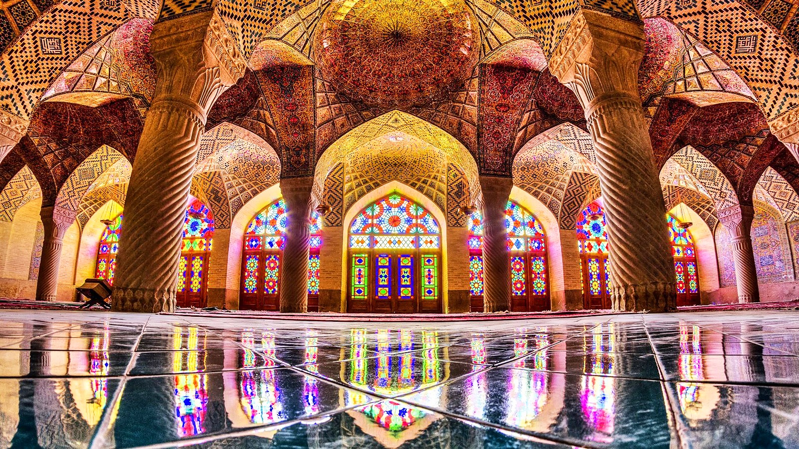 Nasir al-Mulk Mosque interior with colorful stained glass